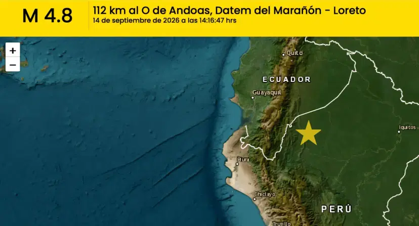 Temblor de magnitud 4,8 sacude la frontera de Perú y Ecuador este lunes. Un fuerte sismo con una magnitud de 4,8 sacudió hoy la zona amazónica de Perú y Ecuador